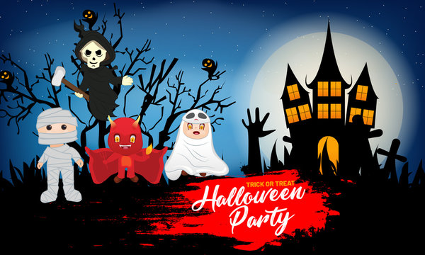 Happy Halloween Night Party background with haunted castle, tree,. moon and Children dressed in Halloween fancy dress to go Trick or Treating. Template for advertising brochure.