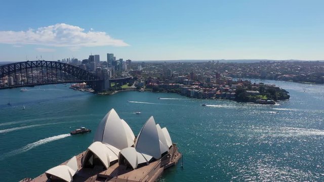 Panoramic 4K aerial drone footage of the beautiful harbour and city of Sydney, Australia