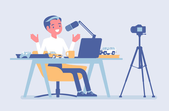 Blogger podcaster streaming. Man writing material to blog, reviewing for online journal or website content, posting short videos to a vlog, recording program. Vector flat style cartoon illustration