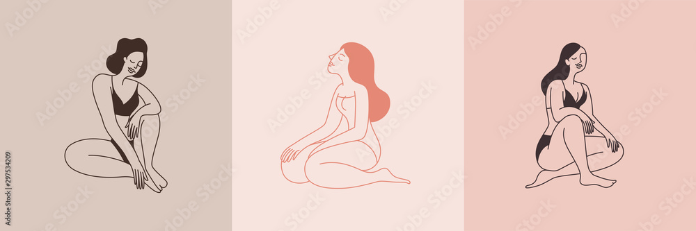 Aufkleber beautiful female figure. vector logo design template and illustration in simple minimal linear style