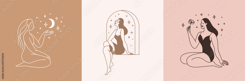 Aufkleber beautiful female figure. vector logo design template and illustration in simple minimal linear style