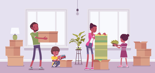 Family moving to new apartment. Happy parents, kids celebrate relocation, unpacking together essentials boxes in empty room, opening cardboards with belongings. Vector flat style cartoon illustration