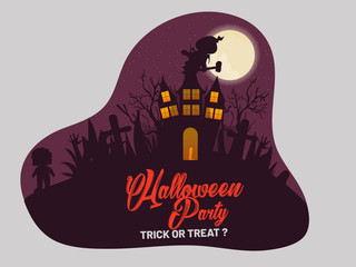 Minimal Background design for halloween party with haunted castle, moon, ghost, tree, with typography.