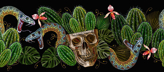 Mexican art. Skull, cactus and snake horizontal seamless pattern. Embroidery ethnic style. Template for clothes, textiles, t-shirt design