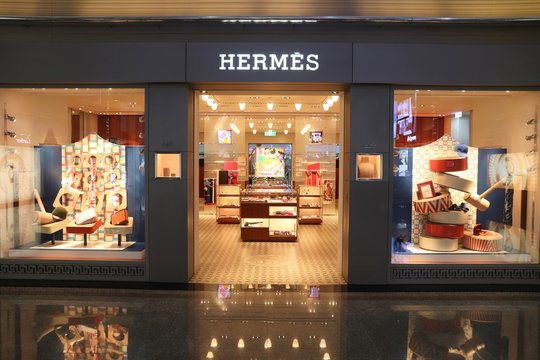 TAIPEI, TAIWAN - DECEMBER 5, 2018: Hermes fashion store at duty free zone at Taoyuan International Airport near Taipei, Taiwan. It is Taiwan's largest and busiest airport.
