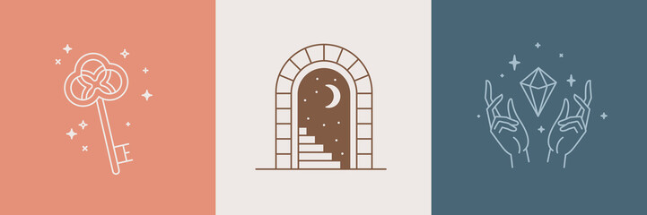 Door and key - vector abstract logo and branding design templates in trendy linear minimal style, emblem for home accessories and interior shop, small hotel and apartments