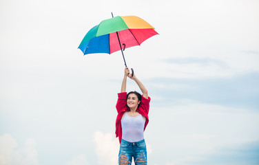 Parachute concept. Open minded person. Girl feeling good sky background. Good weather. Welcoming...