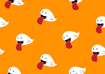 Many little cute ghosts smile tongue with flying on orange background. Seamless pattern gift wrap and wallpaper of Halloween holiday in vector design.