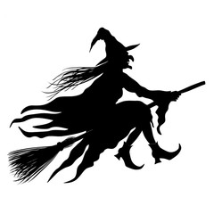 Witch Riding The Broom Isolated On White Background. Black Silhouette