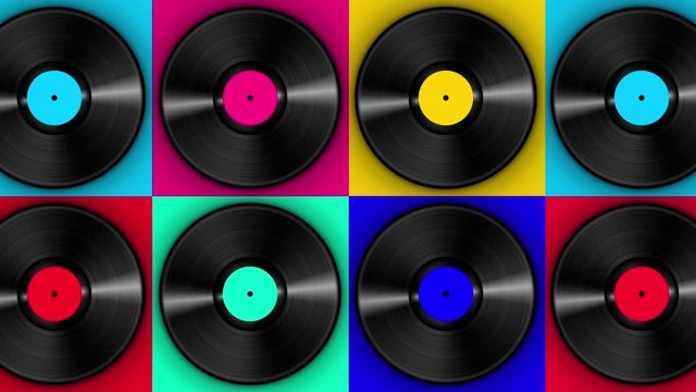 Spinning vinyl discs on simple colors background. Seamless looping footage.