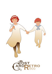 Girl and boy, wearing retro clothes, running and jumping isolated on white background