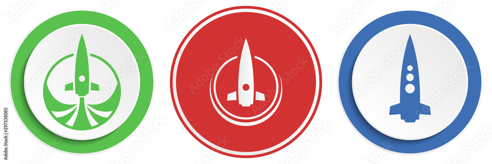 Poster set of abstract rocket flat icon. round colorful buttons with spaceships.