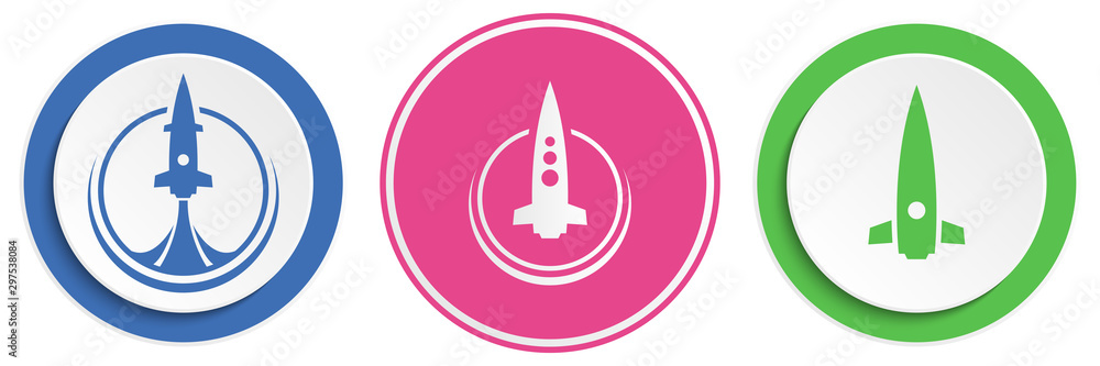 Poster set of abstract rocket flat icon. round colorful buttons with spaceships.