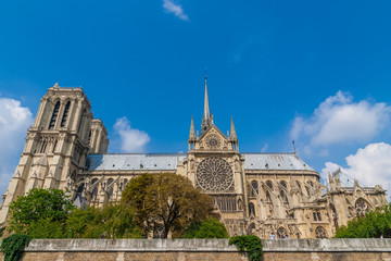 Obraz premium Lovely panoramic side view of the south façade of the famous medieval Notre-Dame cathedral on the Île de la Cité in Paris on a nice summer day with blue sky. The huge rose window stands out.