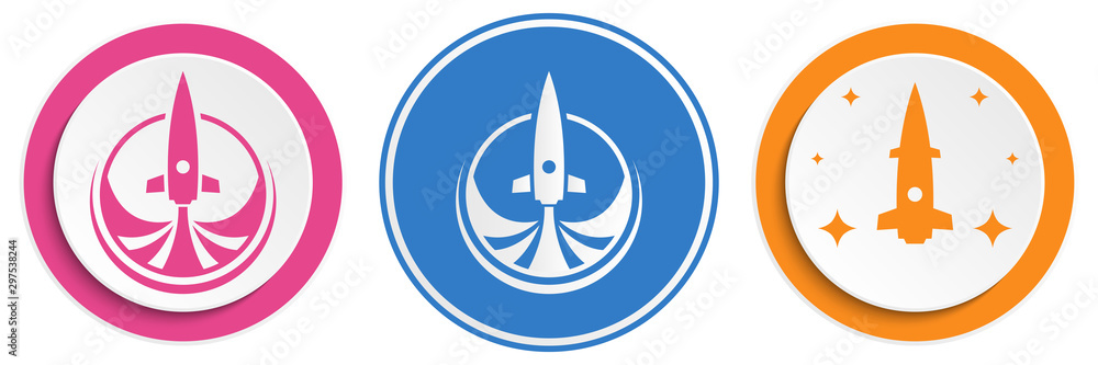 Poster set of abstract rocket flat icon. round colorful buttons with spaceships.