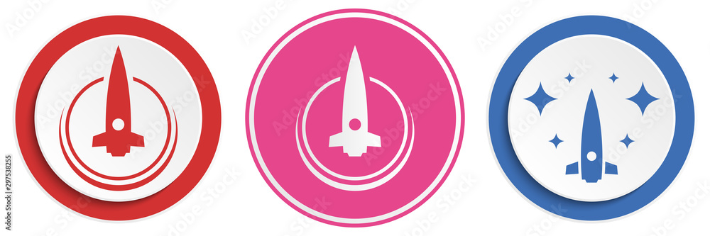 Poster set of abstract rocket flat icon. round colorful buttons with spaceships.