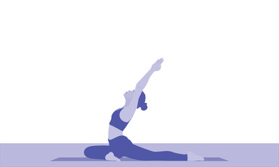 A young woman stretches the entire front of the torso, the ankles,  back muscles, chest, and throat in yoga  pigeon pose Asana Pada Radha Kapotasana