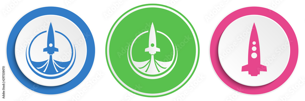 Poster set of abstract rocket flat icon. round colorful buttons with spaceships.