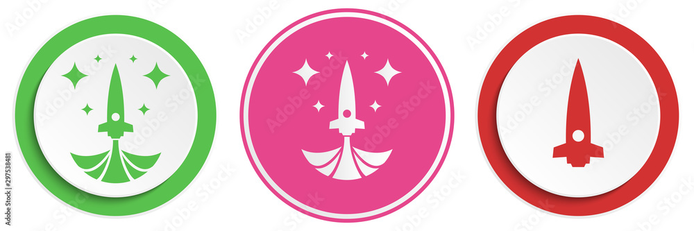 Poster set of abstract rocket flat icon. round colorful buttons with spaceships.