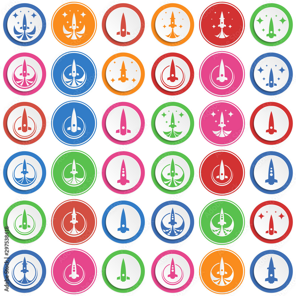 Poster set of abstract rocket flat icon. round colorful buttons with spaceships.