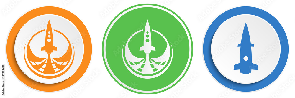 Poster set of abstract rocket flat icon. round colorful buttons with spaceships.