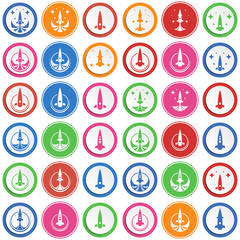 Set of abstract rocket flat icon. Round colorful buttons with spaceships.