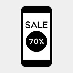 Mobile phone with Sale 70 percent icon on screen,vector.