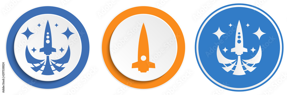 Poster set of abstract rocket flat icon. round colorful buttons with spaceships.