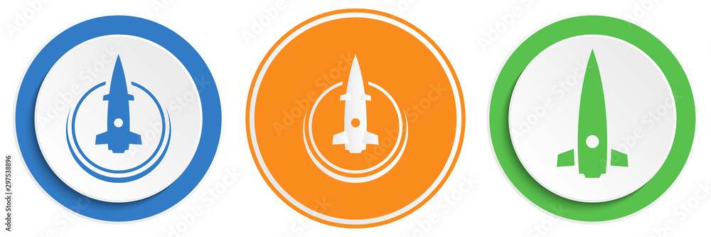 Poster set of abstract rocket flat icon. round colorful buttons with spaceships.