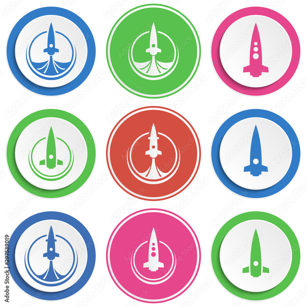 Poster set of abstract rocket flat icon. round colorful buttons with spaceships.