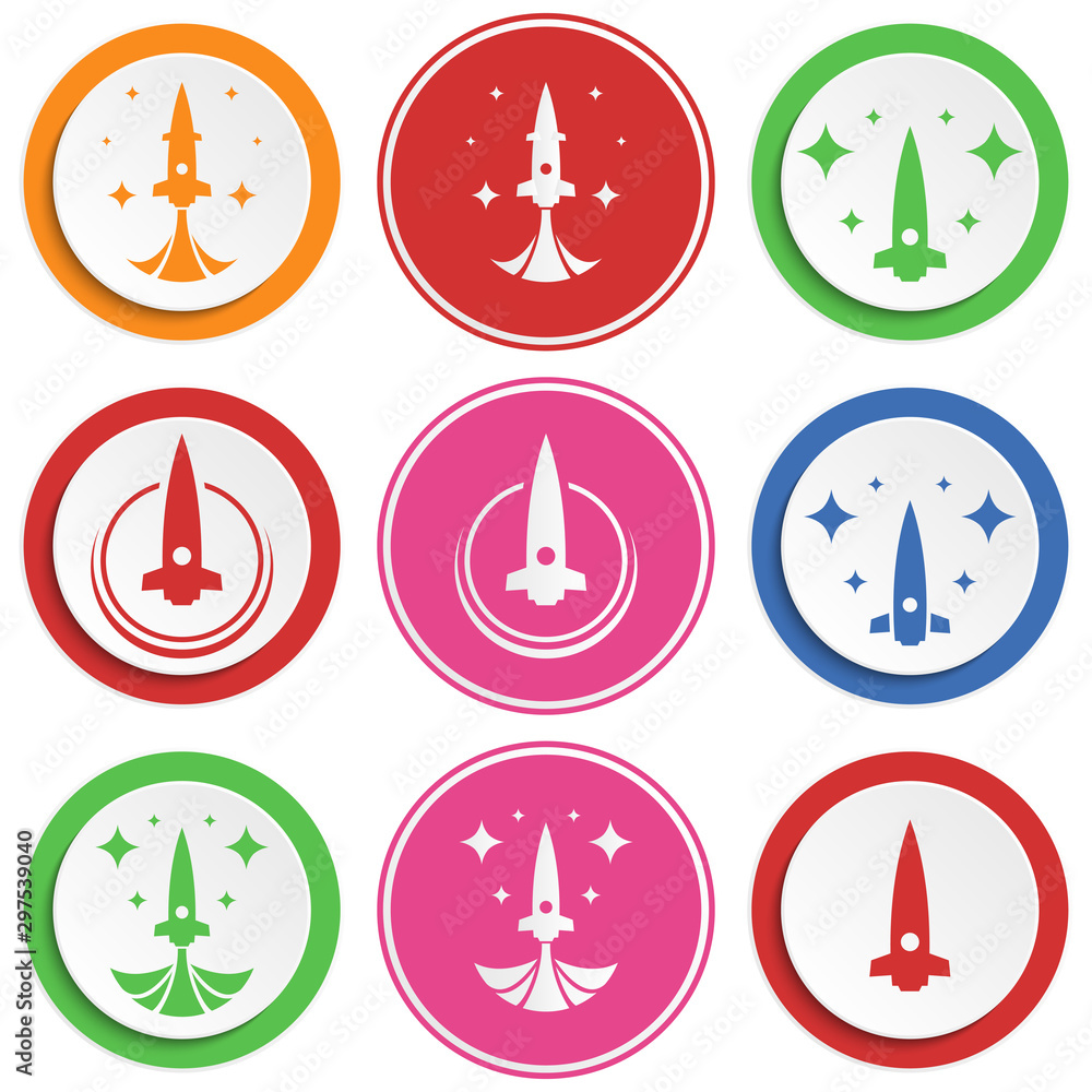 Poster set of abstract rocket flat icon. round colorful buttons with spaceships.