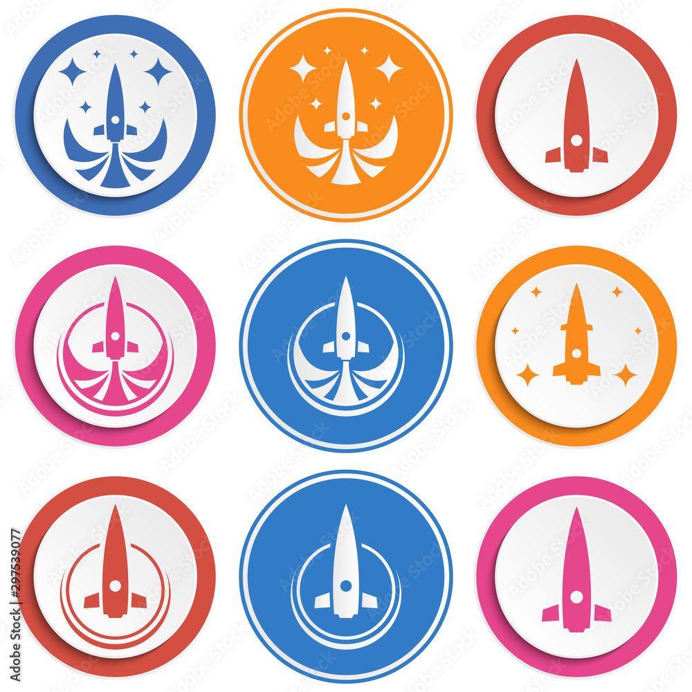 Poster set of abstract rocket flat icon. round colorful buttons with spaceships.