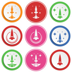 Set of abstract rocket flat icon. Round colorful buttons with spaceships.