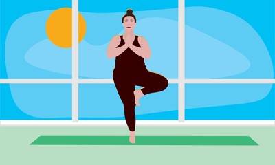 woman stretches her shoulders and back standing on one leg in Asana Vrksasana in the gym. Outside the window blue sky bright sunny day. Relaxation, isolated woman, color illustration