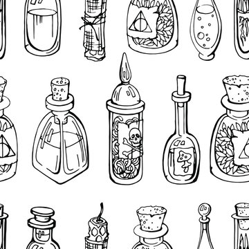Vector seamless pattern with witch potion ingredients :glass bottles with herbs and liquids and vox candle . Bottle with cork. Linear , hand drawn black on white. Halloween design.