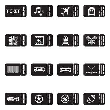 Ticket Icons. Black Flat Design. Vector Illustration.