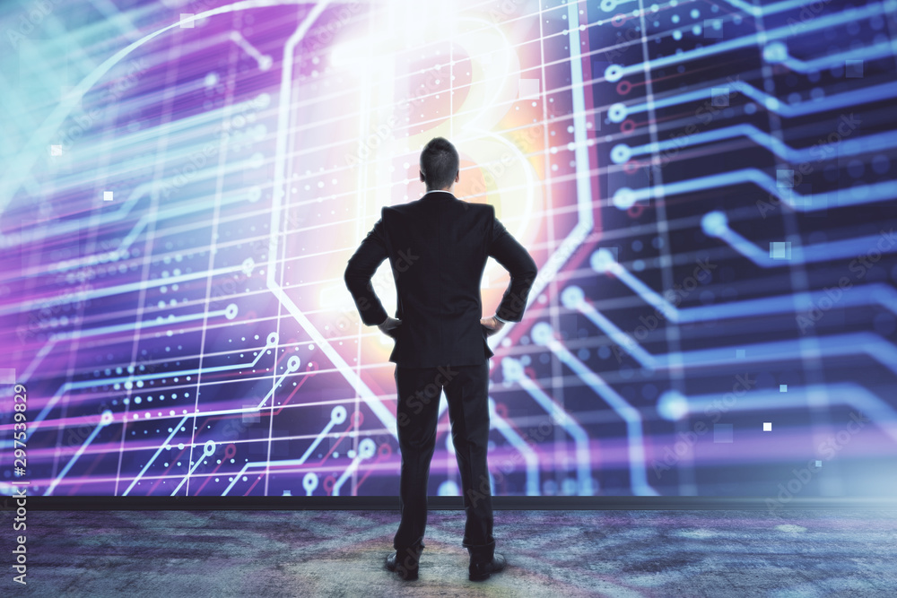 Poster man and blockchain theme hologram. multi exposure. concept of cryptocurrency
