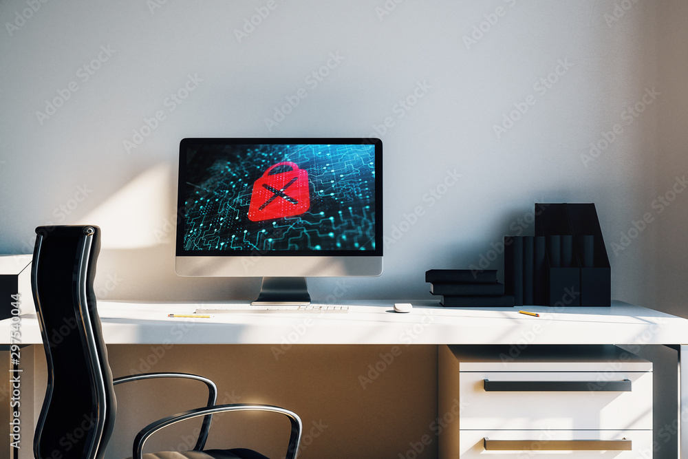 Aufkleber desktop interior with computer, table and chair. lock icon drawing on screen. 3d rendering.