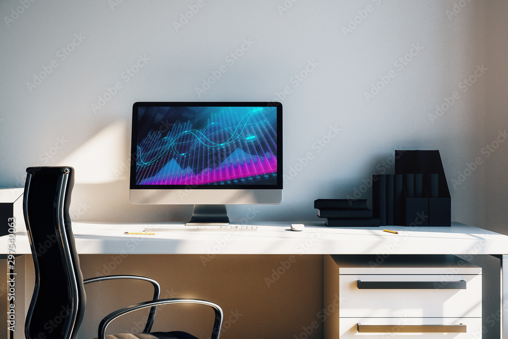 Aufkleber cabinet desktop interior with financial charts and graphs on computer screen. concept of stock marke
