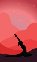 Isolated black silhouette of a woman, who stretches shoulders and back standing in Asana Eka Pada Rajakapotasana, and makes pranayama exercise trendy top illustration. Relaxation, meditation exercise