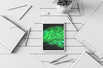 Digital tablet closeup with brain drawing on screen. Data technology concept. 3d rendering.