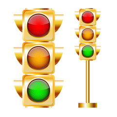 Golden Traffic lights with all three colors on