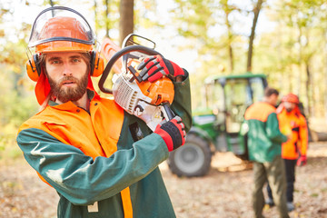 Walsarbeiter als Holzfäller mit Motorsäge