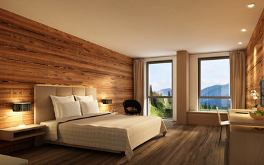 Fototapeta Hotelzimmer mit Holzwand obraz