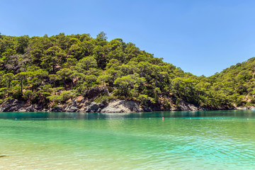 Fototapeta na wymiar green island with hills Aegean Sea near Marmaris, Turkey