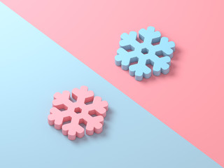 Creative layout made of colorful snowflake on pink and blue background. Minimal winter  concept with copy space. 3d render.