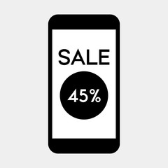 Mobile phone with Sale 45 percent icon on screen,vector.
