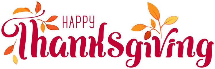 Happy Thanksgiving ornate text for greeting card. Autumn Leaves and Header Template