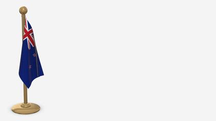 New Zealand 3D flag illustration hanging on golden flagpole.