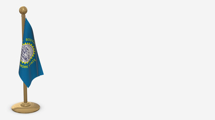 South Dakota 3D flag illustration hanging on golden flagpole.